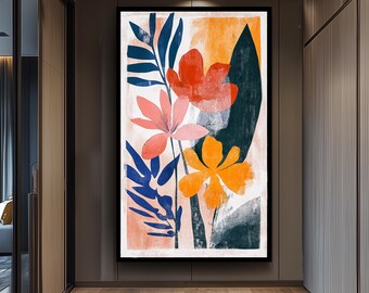 Bold Matisse Inspired Floral Wall Art Print, Abstract Botanical Poster with Red Orange and Navy Leaves for Modern or Boho Home Decor