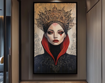 Surreal Gothic Queen Wall Art Mysterious Woman Portrait in Red and Black Crown Fantasy Painting Elegant Dark Royal Aesthetic Decor