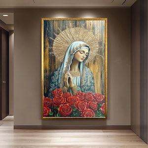 Virgin Mary Painting with Red Roses and Gold Halo, Ornate Catholic Canvas Art for Prayer Room, Spiritual Gift or Religious Home Decor