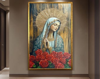 Virgin Mary Painting with Red Roses and Gold Halo, Ornate Catholic Canvas Art for Prayer Room, Spiritual Gift or Religious Home Decor