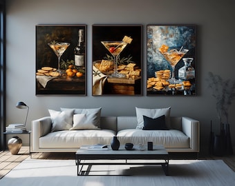 3 Piece Cocktail Still Life Wall Art Set, Martini Glass and Crackers Painting Prints, Elegant Bar Lounge and Kitchen Decor Canvas Bar Print