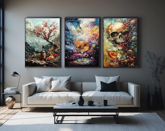 Mystical Wine & Whiskey Canvas Print Set: Gothic Skull, Cosmic Drink, Mountain Art