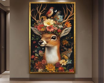 Whimsical Deer Floral Wall Art Print – Surreal Woodland Animal with Flowers and Birds – Fantasy Nature Portrait for Home Decor Deer Wall Art