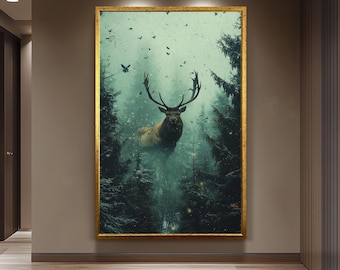 Majestic Stag in Winter Forest, Mystical Wildlife Wall Art, Enchanted Snowy Woodland Scene, Fantasy Deer Artwork, Rustic Nature Home Decor