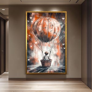 Graffiti-Style Hot Air Balloon Art, Whimsical Child Adventure Painting, Dreamy Urban Street Art, Surreal Fantasy Wall Decor, Modern Decor