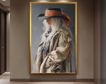 Western Cowgirl Abstract Oil Painting | Realistic Blonde Woman in Cowboy Hat Wall Art | Rustic Country Girl Canvas Art for Home Decor