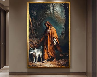 Jesus with Wolf Spiritual Wall Art Canvas Print, Symbolic Religious Painting of Shepherd and Wolf in Forest for Faith-Based Home Décor