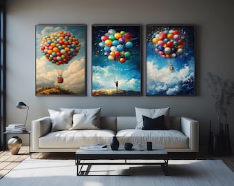 Whimsical Balloon Canvas Print Set Child With Balloons Wall Art, Playful Surreal Painting Collection For Modern Contemporary Home Decor