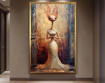 Surreal Duck Woman Oil Painting, Fantasy Gothic Wall Art, Dark Elegant Bird Portrait, Mysterious Avian Lady Print, Unique Vintage Decor
