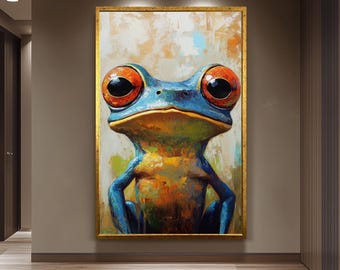 Colorful Surreal Frog Portrait Wall Art in Bold Brushstroke Oil Painting Style for Animal Lovers and Whimsical Home Decor Spaces Frog Canvas