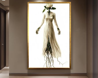 Surreal Gothic Botanical Wall Art Print of Woman with Rose Head and Roots in Vintage Dress | Ethereal Dark Fantasy Plant Creature Decor