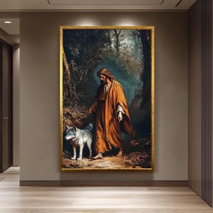 Jesus with Wolf Spiritual Wall Art Canvas Print, Symbolic Religious Painting of Shepherd and Wolf in Forest for Faith-Based Home Décor
