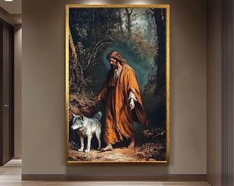 Jesus with Wolf Spiritual Wall Art Canvas Print, Symbolic Religious Painting of Shepherd and Wolf in Forest for Faith-Based Home Décor