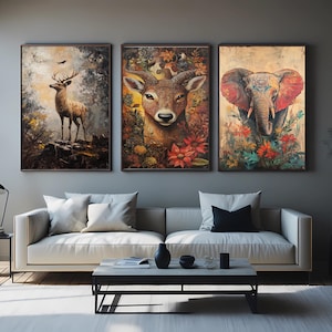 Rustic Animal Canvas Print Set: Deer, Elephant, Boho Forest Art