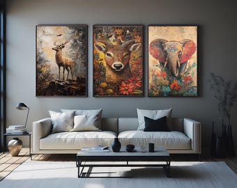 Rustic Animal Canvas Print Set: Deer, Elephant, Boho Forest Art