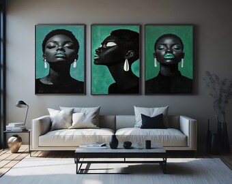 Emerald Afrocentric Woman Portrait Art Set: Bold Black Beauty Prints