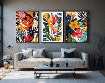 Tropical Botanical Wall Art Set of 3 Colorful Modern Leaf and Floral Canvas Prints, Vibrant Nature Inspired Prints for Home Decor Floral Art
