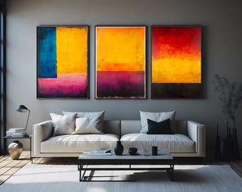 Abstract Color Field Wall Art Set of 3 – Modern Geometric Minimalist Canvas Prints in Bold Yellow, Red, Blue & Pink for Contemporary Decor