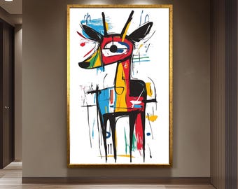 Colorful Abstract Deer Wall Art Print in Picasso and Basquiat Graffiti Style with Bold Lines and Primary Color Pop for Modern Decor Deer Art