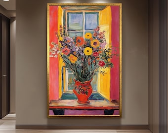 Henri Matisse Inspired Window Vase Floral Artwork, Colorful Still Life Painting Print with Bright Flowers and Bold Interior Decor Floral Art