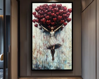 Romantic Love Wall Art Woman with Heart Balloons Canvas Painting, Emotional Abstract Figurative Artwork for Bedroom or Living Room Décor