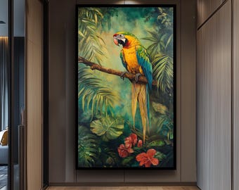 Peinture murale vintage représentant un perroquet tropical et un ara coloré, animal exotique de la jungle, imprimé botanique et animalier pour les amoureux de la nature