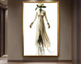 Botanical Gothic Woman Art Print Surreal Female Portrait with Floral Elements, Dark Fantasy Wall Decor for Bedroom, Studio or Creative Space