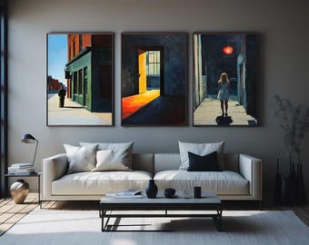 Urban Moody Wall Art Set of 3 Open Door Light Figure in Alley Retro City Street Silhouettes Bold Shadow Cinematic Night Scene Prints