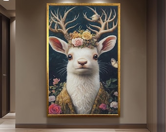 Regal White Deer Wall Art Print, Surreal Animal Portrait with Floral Crown and Golden Robe, Whimsical Nature Decor for Cottagecore Style