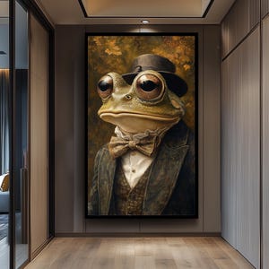 Dapper Autumn Frog Wall Art Print – Surreal Animal Portrait with Bow Tie and Hat – Whimsical Woodland Gentleman Home Decor Frog Artwork