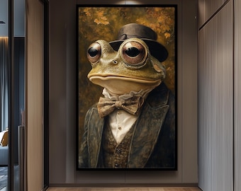 Dapper Autumn Frog Wall Art Print – Surreal Animal Portrait with Bow Tie and Hat – Whimsical Woodland Gentleman Home Decor Frog Artwork