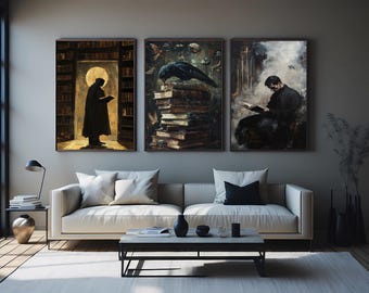 Dark Academia Wall Art Set of 3 Featuring Crow Books Priest and Cloaked Figure for Gothic Literary and Vintage Library Decor Man Wall Decor