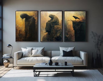 Gothic Horror Wall Art Set: Hooded Figure, Crow, Shadow Creature