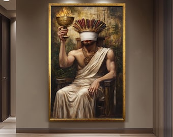 Blindfolded Wisdom Wall Art Print with Crown of Books and Golden Chalice – Mythical King Painting on Canvas for Gothic Home Decor