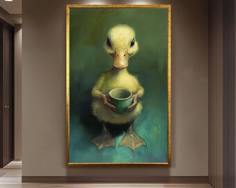 Impresión de pintura al óleo de pato caprichoso, decoración vintage cottagecore para el hogar