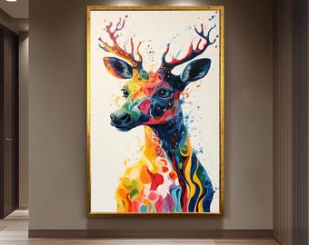 Colorful Surreal Deer Wall Art Print Abstract Rainbow Wildlife Painting Modern Animal Artwork Vibrant Stag Poster for Living Room Deer Print
