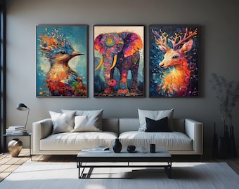 Abstract Animal Prints Set Elephant Deer Horse Wall Art, Modern Wildlife Silhouette Canvas Paintings For Contemporary Home Decor