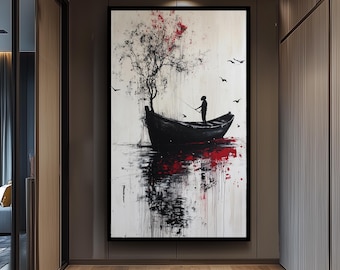Banksy-Style Surrealist Wall Art of Boy Fishing from Boat with Tree and Birds, Abstract Red and Black Graffiti-Inspired Canvas Print