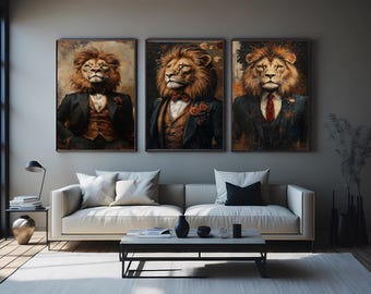 Regal Lion Dressed in Suit Canvas Wall Art – Sophisticated Anthropomorphic Animal Portrait Print for Office or Living Room Decor Gift