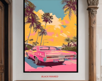 Retro Pink Car Canvas Wall Art – Vintage Muscle Car Under Palm Trees at Sunset – Colorful California Vibes Pop Art Print Retro Car Wall Art