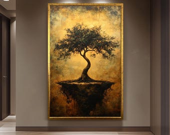 Floating Tree Wall Art Surreal Nature Canvas Print, Golden Textured Background with Mystical Roots for Boho, Zen, or Modern Earthy Décor