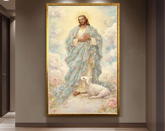 Jesus Christ Floral Robe Wall Art in Pastel Watercolor Style with Lamb Christian Nursery Print for Prayer Room or Inspirational Decor