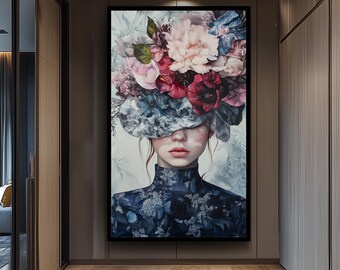 Elegant Woman with Floral Hat Wall Art Fashion Portrait Canvas Print, Romantic Modern Painting with Botanical Details for Chic Home Décor