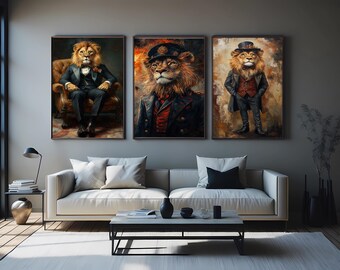 Royal Lion in Military and Vintage Suits Canvas Art Print – Majestic Anthropomorphic Animal Portraits for Bold Wall Decor and Gift Idea