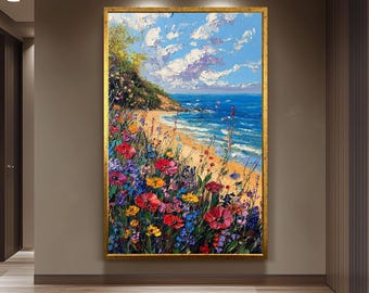 Colorful Coastal Wildflowers Beach Wall Art Print, Vibrant Textured Seascape Painting for Nature Inspired Summer Home Decor Landscape Print