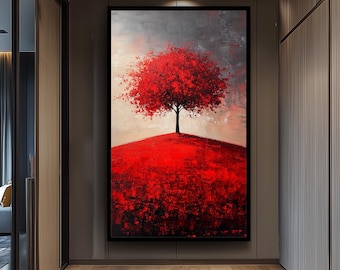 Red Tree on Hill Minimalist Wall Art Print | Abstract Landscape Painting with Textured Brushstrokes | Modern Nature Canvas for Home Decor