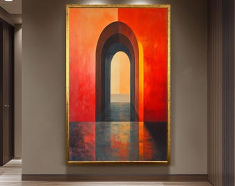 Minimalist Archway Wall Art Abstract Doorway Canvas Print, Bold Red and Orange Modern Architecture Painting for Contemporary Home Décor