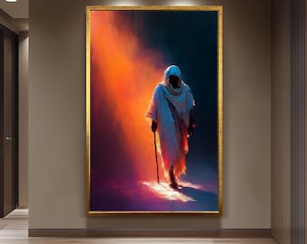 May include: An abstract painting of a robed figure with a staff, set against a vibrant backdrop of orange and purple hues. The artwork is framed in a gold-colored frame, creating a striking visual contrast.