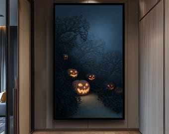 Glowing Jack-O'-Lanterns Lining A Dark Forest Path Canvas Wall Art For Halloween And Spooky Autumn Interior Decoration  Living Room Print