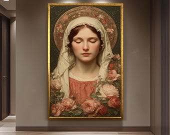 Vintage Virgin Mary Wall Art Holy Mother With Roses Closed Eyes Canvas Print Catholic Religious Home Decor Antique Style Painting